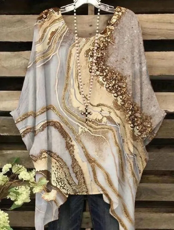 Women's Plus Size Blouse Chiffon Basic Casual Print Dolman Sleeve Crew Neck Vacation Daily Yellow Spring Fall