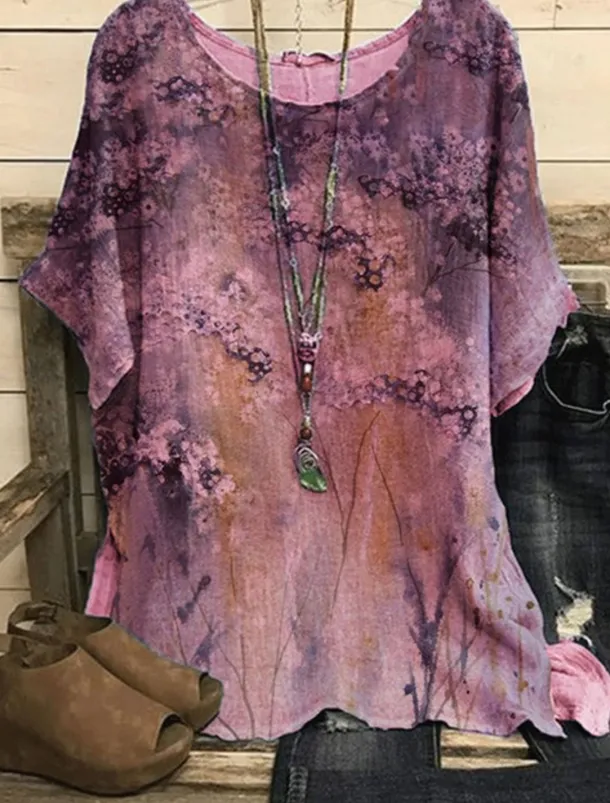 Women's Plus Size Blouse Chiffon Vintage Basic Holiday Floral Print Dolman Sleeve Short Sleeve Regular Tops Crew Neck Vacation Daily Weekend Pink Blue Green Gray Summer Spring