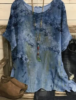 Women's Plus Size Blouse Chiffon Vintage Basic Holiday Floral Print Dolman Sleeve Short Sleeve Regular Tops Crew Neck Vacation Daily Weekend Pink Blue Green Gray Summer Spring