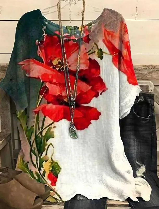 Women's Plus Size Blouse Floral Vintage Streetwear Holiday Short Sleeve Dolman Sleeve Crew Neck Regular Tops Vacation Daily Print Yellow Red Summer Spring