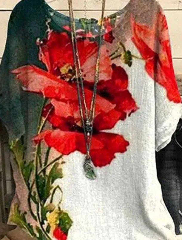 Women's Plus Size Blouse Floral Vintage Streetwear Holiday Short Sleeve Dolman Sleeve Crew Neck Regular Tops Vacation Daily Print Yellow Red Summer Spring