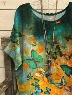 Women's Plus Size Blouse Floral Vintage Streetwear Holiday Short Sleeve Dolman Sleeve Crew Neck Regular Tops Vacation Daily Print Yellow Red Summer Spring