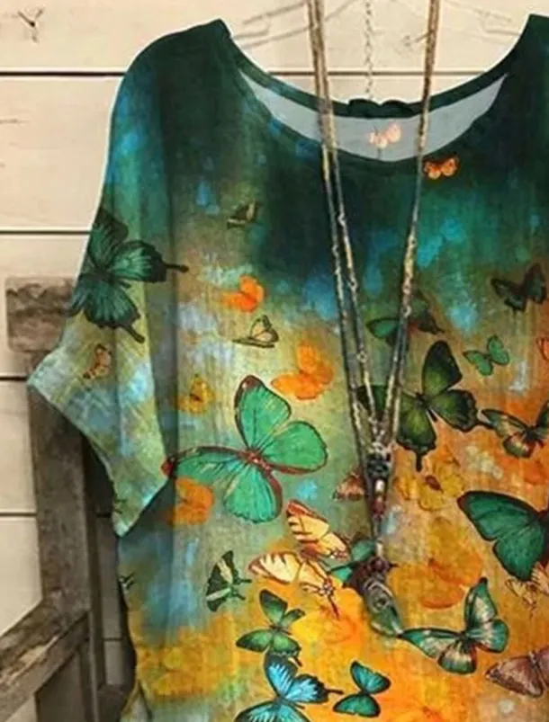 Women's Plus Size Blouse Floral Vintage Streetwear Holiday Short Sleeve Dolman Sleeve Crew Neck Regular Tops Vacation Daily Print Yellow Red Summer Spring