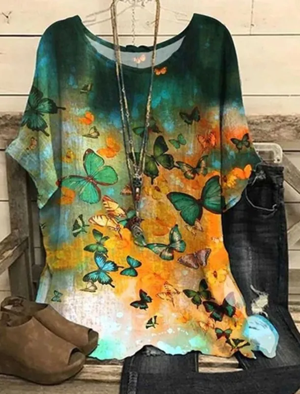 Women's Plus Size Blouse Floral Vintage Streetwear Holiday Short Sleeve Dolman Sleeve Crew Neck Regular Tops Vacation Daily Print Yellow Red Summer Spring