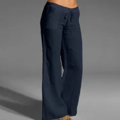 Women's Plus Size Cotton Linen Pants High Waist Solid Color Drawstring Wide Leg Comfy Breathable Quick Dry Micro-elastic Black White Dark Navy Blue Summer Spring Fall Loose Fit