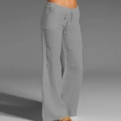 Women's Plus Size Cotton Linen Pants High Waist Solid Color Drawstring Wide Leg Comfy Breathable Quick Dry Micro-elastic Black White Dark Navy Blue Summer Spring Fall Loose Fit