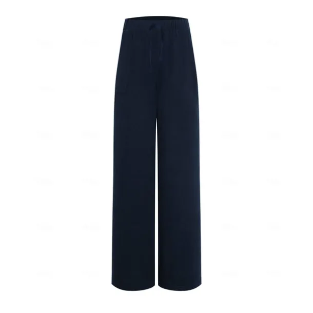 Women's Plus Size Cotton Linen Pants High Waist Solid Color Drawstring Wide Leg Comfy Breathable Quick Dry Micro-elastic Black White Dark Navy Blue Summer Spring Fall Loose Fit