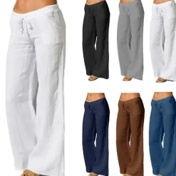 Women's Plus Size Cotton Linen Pants High Waist Solid Color Drawstring Wide Leg Comfy Breathable Quick Dry Micro-elastic Black White Dark Navy Blue Summer Spring Fall Loose Fit