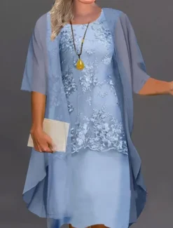 Women's Plus Size Knee Length Dress Lace Dress Dress Set Two Piece Dress Church Dress Elegant Classic Chinoiserie Formal Vacation Wedding Guest Regular Fit Pure Color Half Sleeve Crew Neck Light Blue