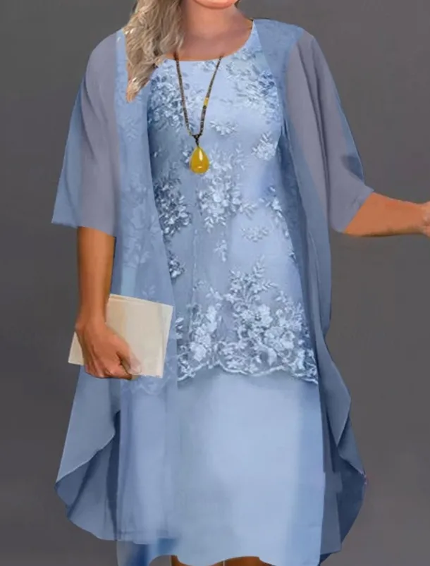 Women's Plus Size Knee Length Dress Lace Dress Dress Set Two Piece Dress Church Dress Elegant Classic Chinoiserie Formal Vacation Wedding Guest Regular Fit Pure Color Half Sleeve Crew Neck Light Blue