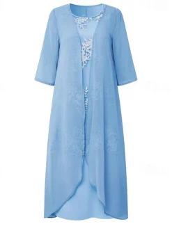 Women's Plus Size Knee Length Dress Lace Dress Dress Set Two Piece Dress Church Dress Elegant Classic Chinoiserie Formal Vacation Wedding Guest Regular Fit Pure Color Half Sleeve Crew Neck Light Blue