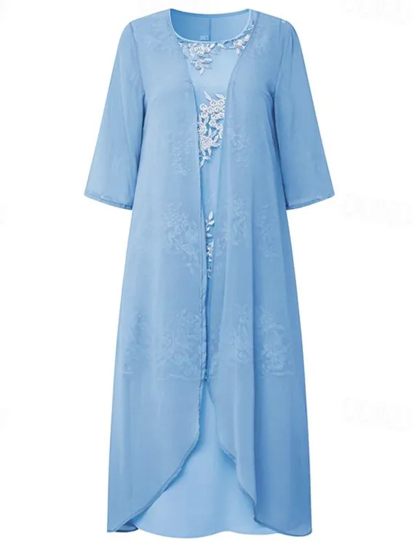 Women's Plus Size Knee Length Dress Lace Dress Dress Set Two Piece Dress Church Dress Elegant Classic Chinoiserie Formal Vacation Wedding Guest Regular Fit Pure Color Half Sleeve Crew Neck Light Blue