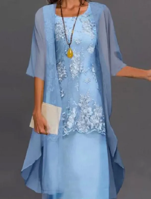 Women's Plus Size Knee Length Dress Lace Dress Dress Set Two Piece Dress Church Dress Elegant Classic Chinoiserie Formal Vacation Wedding Guest Regular Fit Pure Color Half Sleeve Crew Neck Light Blue