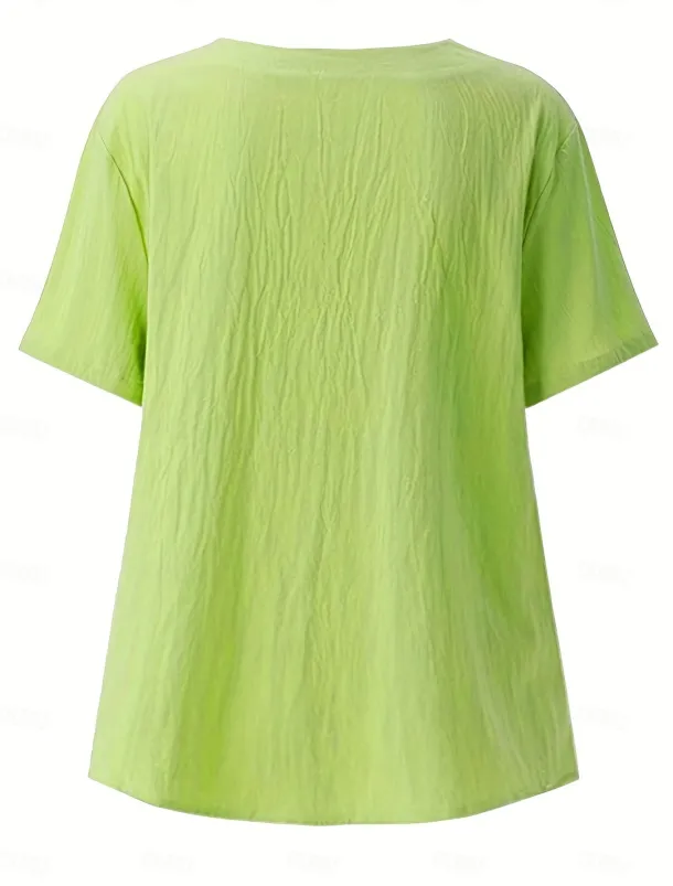 Women's Plus Size Linen-Inspired Shirts Button Up T Shirt Graphic Casual Short Sleeve Round Neck Regular Tops Daily Print Green Spring All Seasons