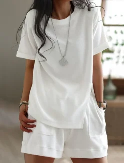 Women's Plus Size Loungewear Sets Pure Color Sport Casual Comfort Home Street Daily Breathable Crew Neck Short Sleeve T shirt Tee Shorts Pocket Summer Spring Home Outfits