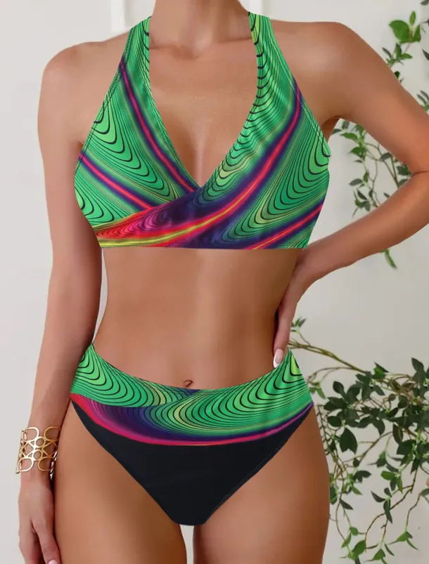 Women's Plus Size Swimwear Bikini Tankini 2 Piece Cheeky Swimsuit Deep V Push Up Knitted Stylish Beach Wear Leopard Color Block Plunge Sleeveless Bathing Suits