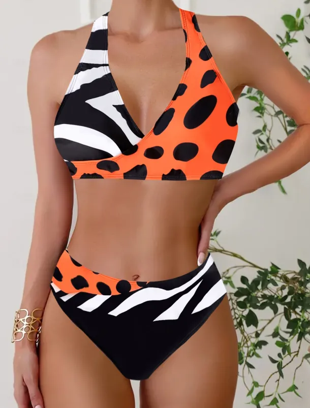 Women's Plus Size Swimwear Bikini Tankini 2 Piece Cheeky Swimsuit Deep V Push Up Knitted Stylish Beach Wear Leopard Color Block Plunge Sleeveless Bathing Suits