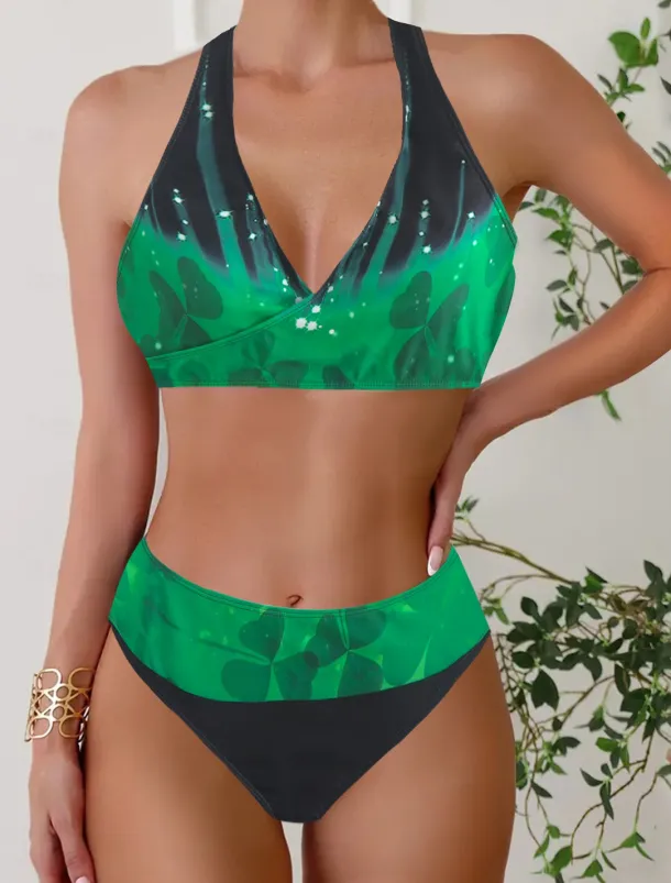 Women's Plus Size Swimwear Bikini Tankini 2 Piece Cheeky Swimsuit Deep V Push Up Knitted Stylish Beach Wear Leopard Color Block Plunge Sleeveless Bathing Suits