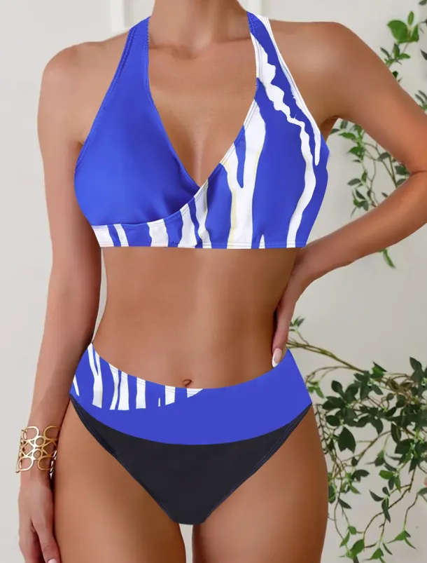 Women's Plus Size Swimwear Bikini Tankini 2 Piece Cheeky Swimsuit Deep V Push Up Knitted Stylish Beach Wear Leopard Color Block Plunge Sleeveless Bathing Suits