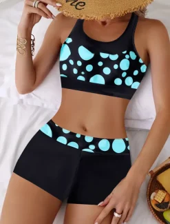 Women's Plus Size Swimwear Bikini Tankini 2 Piece Boy Leg Swimsuit High Waist Push Up Knitted Stylish Beach Wear Flag Leopard Round Neck Sleeveless Bathing Suits