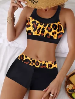 Women's Plus Size Swimwear Bikini Tankini 2 Piece Boy Leg Swimsuit High Waist Push Up Knitted Stylish Beach Wear Flag Leopard Round Neck Sleeveless Bathing Suits