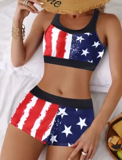 Women's Plus Size Swimwear Bikini Tankini 2 Piece Boy Leg Swimsuit High Waist Push Up Knitted Stylish Beach Wear Flag Leopard Round Neck Sleeveless Bathing Suits