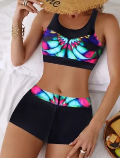 Women's Plus Size Swimwear Bikini Tankini 2 Piece Boy Leg Swimsuit High Waist Push Up Knitted Stylish Beach Wear Flag Leopard Round Neck Sleeveless Bathing Suits