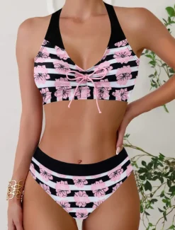Women's Plus Size Swimwear Bikini Tankini 2 Piece Cheeky Swimsuit Deep V Push Up Knitted Stylish Beach Wear Flag Tropical Plunge Sleeveless Bathing Suits
