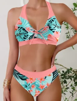Women's Plus Size Swimwear Bikini Tankini 2 Piece Cheeky Swimsuit Deep V Push Up Knitted Stylish Beach Wear Flag Tropical Plunge Sleeveless Bathing Suits