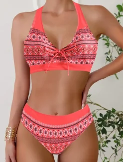 Women's Plus Size Swimwear Bikini Tankini 2 Piece Cheeky Swimsuit Deep V Push Up Knitted Stylish Beach Wear Flag Tropical Plunge Sleeveless Bathing Suits