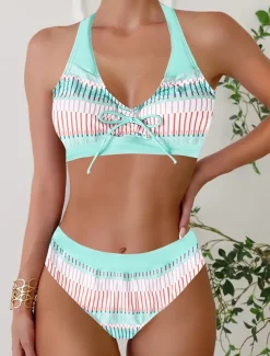 Women's Plus Size Swimwear Bikini Tankini 2 Piece Cheeky Swimsuit Deep V Push Up Knitted Stylish Beach Wear Flag Tropical Plunge Sleeveless Bathing Suits