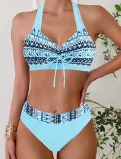 Women's Plus Size Swimwear Bikini Tankini 2 Piece Cheeky Swimsuit Deep V Push Up Knitted Stylish Beach Wear Flag Tropical Plunge Sleeveless Bathing Suits