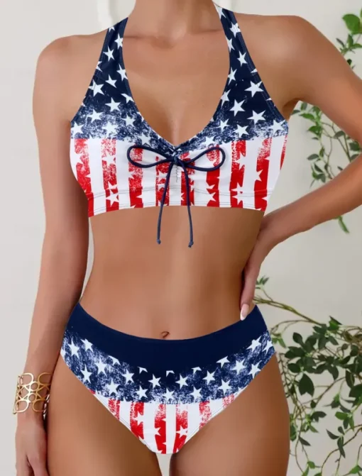 Women's Plus Size Swimwear Bikini Tankini 2 Piece Cheeky Swimsuit Deep V Push Up Knitted Stylish Beach Wear Flag Tropical Plunge Sleeveless Bathing Suits