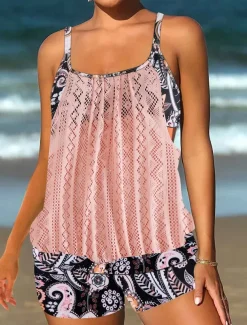 Women's Plus Size Swimwear Tankini 2 Piece Swim Dress High Waist Swimsuit See Through High Waist Knitted Stylish Beach Wear Leopard Tropical Round Neck Sleeveless Bathing Suits