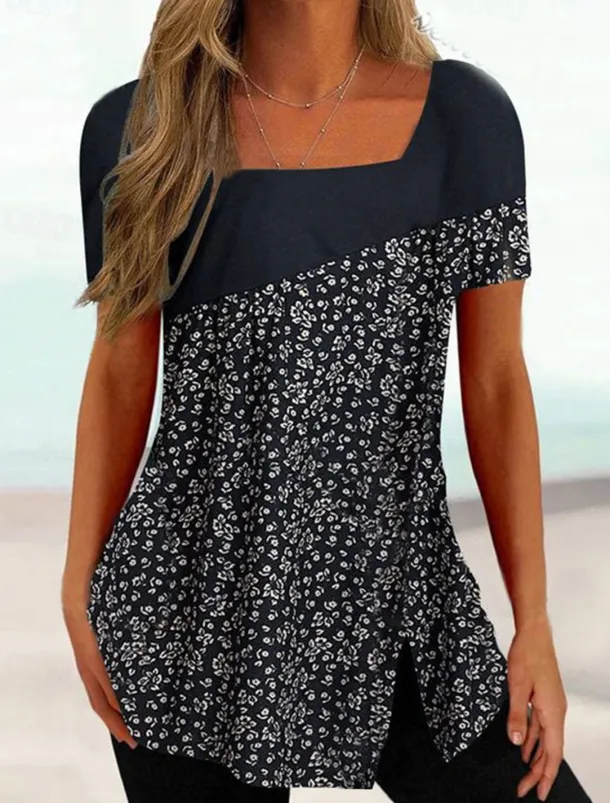Women's Plus Size T Shirt Tunic Basic Floral Striped Print Short Sleeve Regular Tops Square Neck Casual Holiday Black White Pink Purple Dark Gray