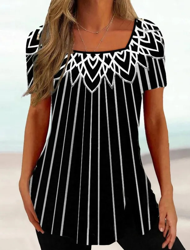 Women's Plus Size T Shirt Tunic Basic Floral Striped Print Short Sleeve Regular Tops Square Neck Casual Holiday Black White Pink Purple Dark Gray