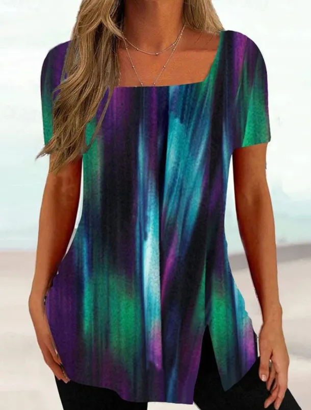 Women's Plus Size T Shirt Tunic Basic Floral Striped Print Short Sleeve Regular Tops Square Neck Casual Holiday Black White Pink Purple Dark Gray