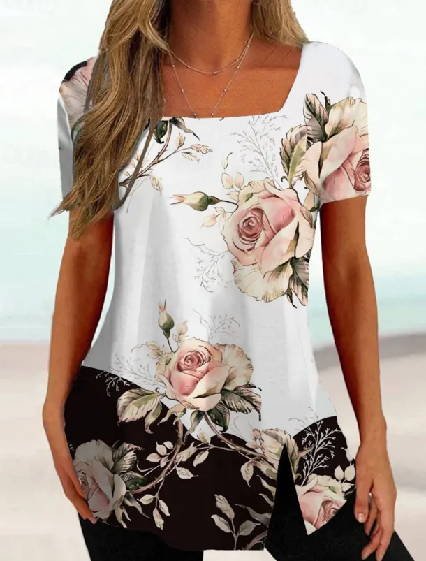 Women's Plus Size T Shirt Tunic Basic Floral Striped Print Short Sleeve Regular Tops Square Neck Casual Holiday Black White Pink Purple Dark Gray