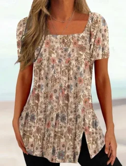 Women's Plus Size T Shirt Tunic Basic Floral Striped Print Short Sleeve Regular Tops Square Neck Casual Holiday Black White Pink Purple Dark Gray