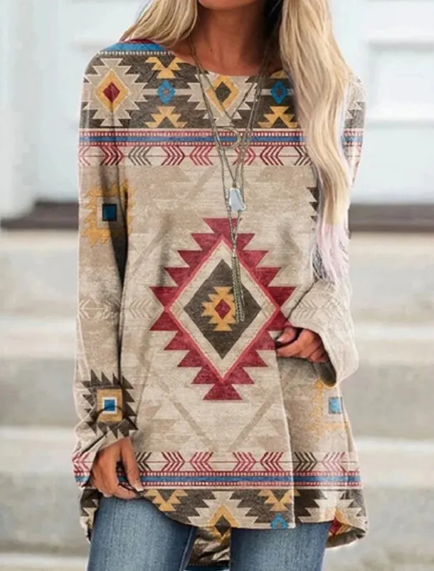 Women's Plus Size T Shirt Tunic Shirts Geometric Plaid Vintage Tunic Ethnic Long Sleeve Round Neck Long Tops Casual Print Marron Yellow Light Green Wine Red Fall & Winter Prefall