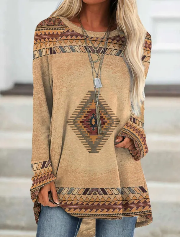 Women's Plus Size T Shirt Tunic Shirts Geometric Plaid Vintage Tunic Ethnic Long Sleeve Round Neck Long Tops Casual Print Marron Yellow Light Green Wine Red Fall & Winter Prefall