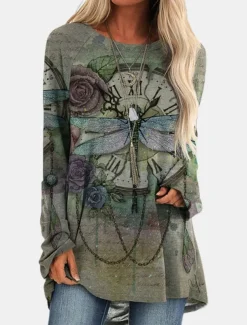 Women's Plus Size T Shirt Tunic Shirts Geometric Plaid Vintage Tunic Ethnic Long Sleeve Round Neck Long Tops Casual Print Marron Yellow Light Green Wine Red Fall & Winter Prefall