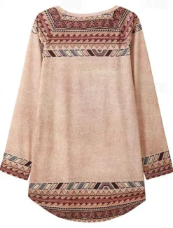 Women's Plus Size T Shirt Tunic Shirts Geometric Plaid Vintage Tunic Ethnic Long Sleeve Round Neck Long Tops Casual Print Marron Yellow Light Green Wine Red Fall & Winter Prefall