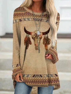 Women's Plus Size T Shirt Tunic Shirts Geometric Plaid Vintage Tunic Ethnic Long Sleeve Round Neck Long Tops Casual Print Marron Yellow Light Green Wine Red Fall & Winter Prefall