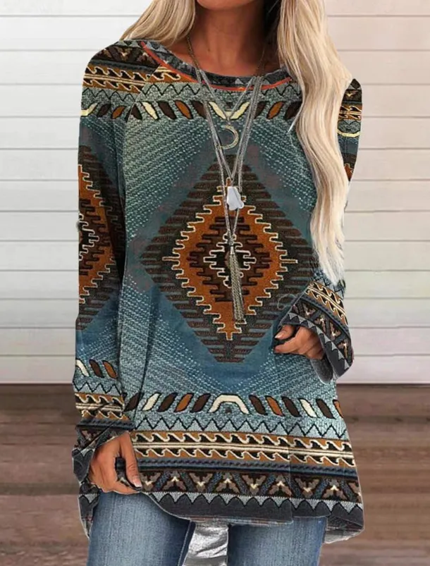 Women's Plus Size T Shirt Tunic Shirts Geometric Plaid Vintage Tunic Ethnic Long Sleeve Round Neck Long Tops Casual Print Marron Yellow Light Green Wine Red Fall & Winter Prefall