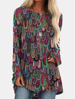Women's Plus Size T Shirt Tunic Shirts Geometric Plaid Vintage Tunic Ethnic Long Sleeve Round Neck Long Tops Casual Print Marron Yellow Light Green Wine Red Fall & Winter Prefall