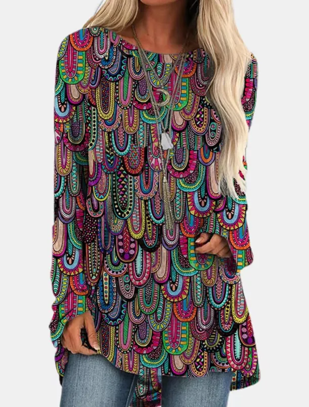 Women's Plus Size T Shirt Tunic Shirts Geometric Plaid Vintage Tunic Ethnic Long Sleeve Round Neck Long Tops Casual Print Marron Yellow Light Green Wine Red Fall & Winter Prefall