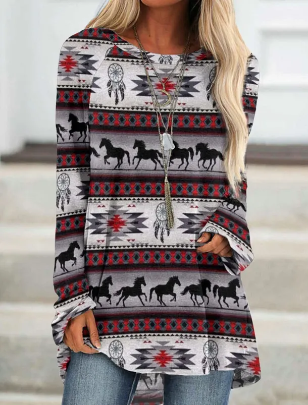 Women's Plus Size T Shirt Tunic Shirts Geometric Plaid Vintage Tunic Ethnic Long Sleeve Round Neck Long Tops Casual Print Marron Yellow Light Green Wine Red Fall & Winter Prefall