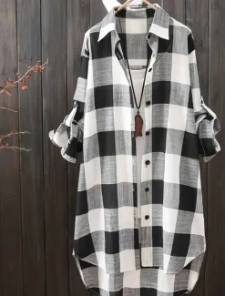 Women's Plus Size Tunic Shacket Plaid Daily Long Sleeve Shirt Collar Casual Holiday Buttons Black Pink Blue All Seasons