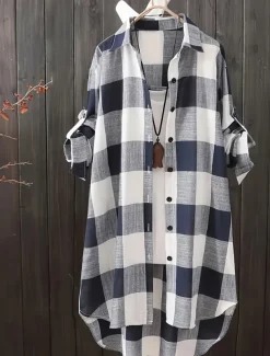 Women's Plus Size Tunic Shacket Plaid Daily Long Sleeve Shirt Collar Casual Holiday Buttons Black Pink Blue All Seasons